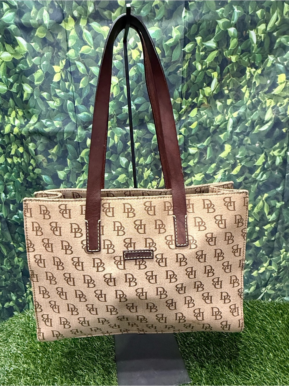 Dooney & Bourke Monogram Tote Shoulder Bag Beige Brown Zip/Magnetic Medium